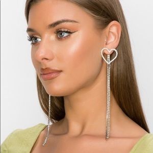 Silver long tassel full rhinestone heart earrings